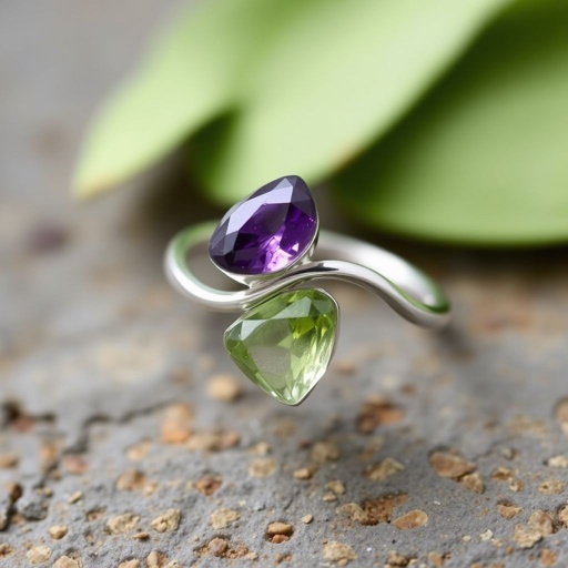 Design silver adjustable ring, use minimum silver, use 2 raw natural gemstones 
