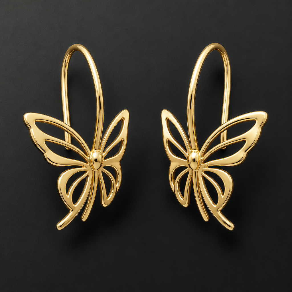 A modern women's earrings made of gold. butterfly
photorealistic jewelry design, A modern women's earrings made of gold. butterfly, modern style, just the design no text