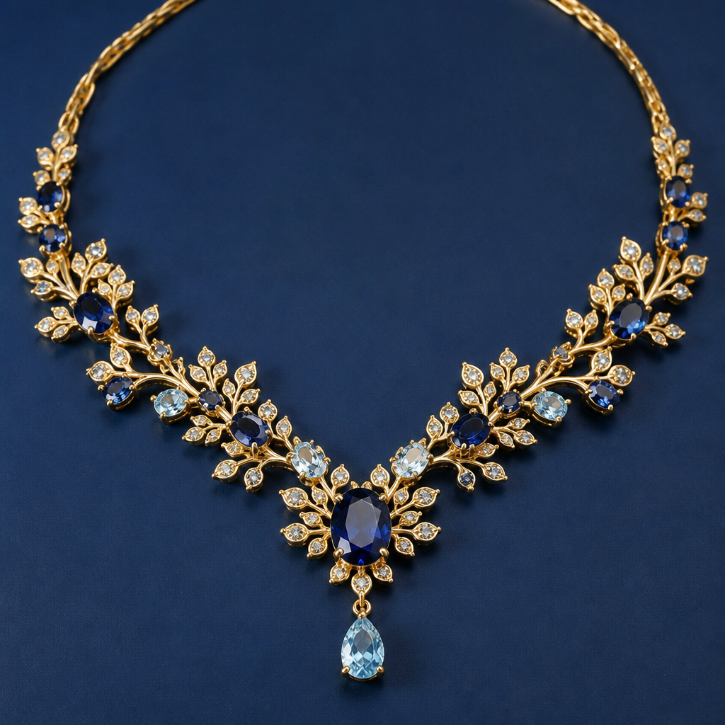 A royal women's necklace made of gold with sapphire and aquamarine stones suitable for daily wear, highly ornate, intricate and elaborate, richly detailed. delicado y sencillo con pequeñas ramitas
photorealistic jewelry design, A royal women's necklace made of gold with sapphire and aquamarine stones suitable for daily wear, highly ornate, intricate and elaborate, richly detailed. delicado y sencillo con pequeñas ramitas, royal style, just the design no text