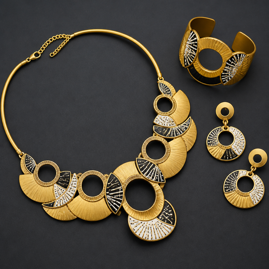 Prompt: A luxurious 21k gold jewelry set consisting of a necklace, bracelet, and earrings. The design is a sophisticated blend of semicircles and circular rings. The gold has a rich, deep yellow color with a distinct matte texture and soft satin finish. Decorated with intricate, delicate enamel work (enameling) in contrasting solid black and pure white colors. High-end jewelry design, professional macro photography, soft studio lighting highlighting the matte gold texture and sharp enamel details, minimalist dark grey background, 8k resolution. --ar 4:3 --v 6.0