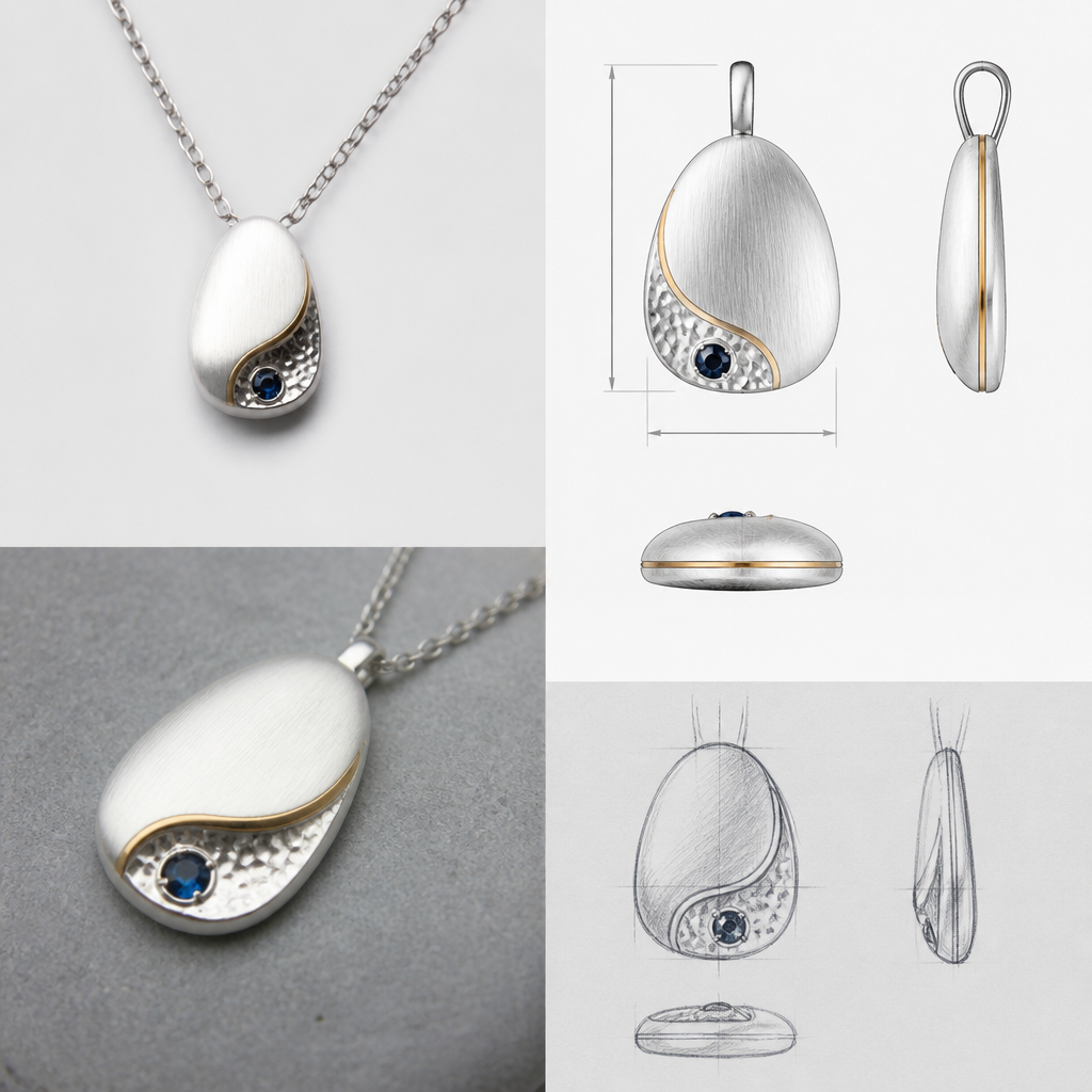 A nordic women's pendant made of silver with sapphire stones, detailed and decorative, moderately ornate. "photorealistic jewelry design, A scandinavian women's pendant made of silver suitable for daily wear, minimalist. simple and delicate, clean lines. simplistic form minimalist brushed silver finish with an accent of gold and a very small section of hammered surface, scandinavian style, with design scketchs and mesurments
photorealistic jewelry design, A nordic women's pendant made of silver with sapphire stones, detailed and decorative, moderately ornate. "photorealistic jewelry design, A scandinavian women's pendant made of silver suitable for daily wear, minimalist. simple and delicate, clean lines. simplistic form minimalist brushed silver finish with an accent of gold and a very small section of hammered surface, scandinavian style, with design scketchs and mesurments, nordic style, just the design no text