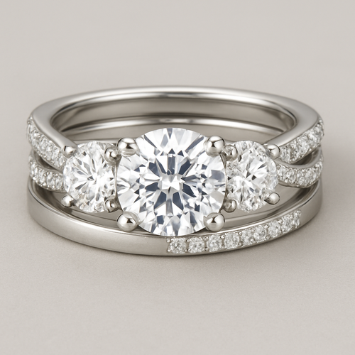 Elegant platinum 4 carat tw 3 stone ring pave twisted band with straight wedding band