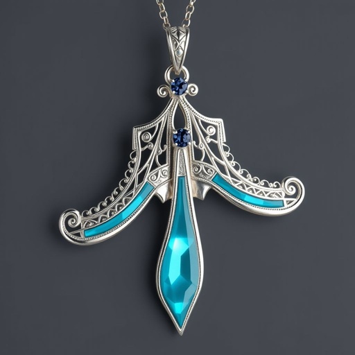 Silver pendant in the shape of ice skating blades with a turquoise stripe within the blade