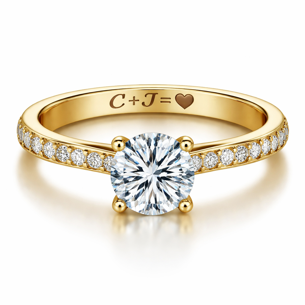 A women's ring. whole diamond in the middle of the ring with gold with the engraved inside it c+j=♥️
A women's ring. whole diamond in the middle of the ring with gold with the engraved inside it c+j=♥️, modern style