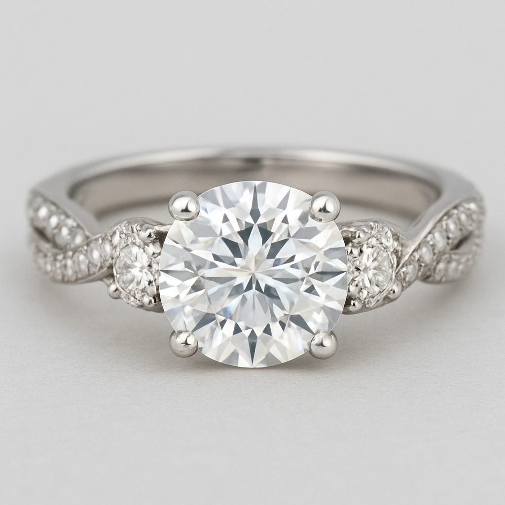 3 carat round diamond with .6 diamond on each side with twisted pave band 