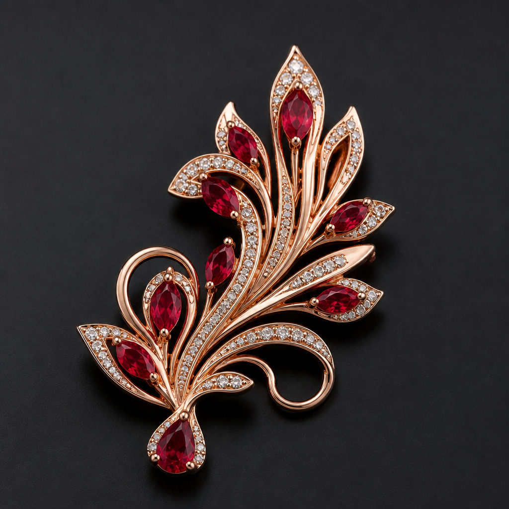 A luxury women's brooch made of rose gold with ruby stones suitable for engagement. elegant,
photorealistic jewelry design, A luxury women's brooch made of rose gold with ruby stones suitable for engagement. elegant,, luxury style, just the design no text