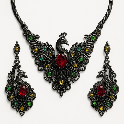 Ruby jewelry set with at least 10 citrine and green topaz inlays with peacock themes and an omega necklace