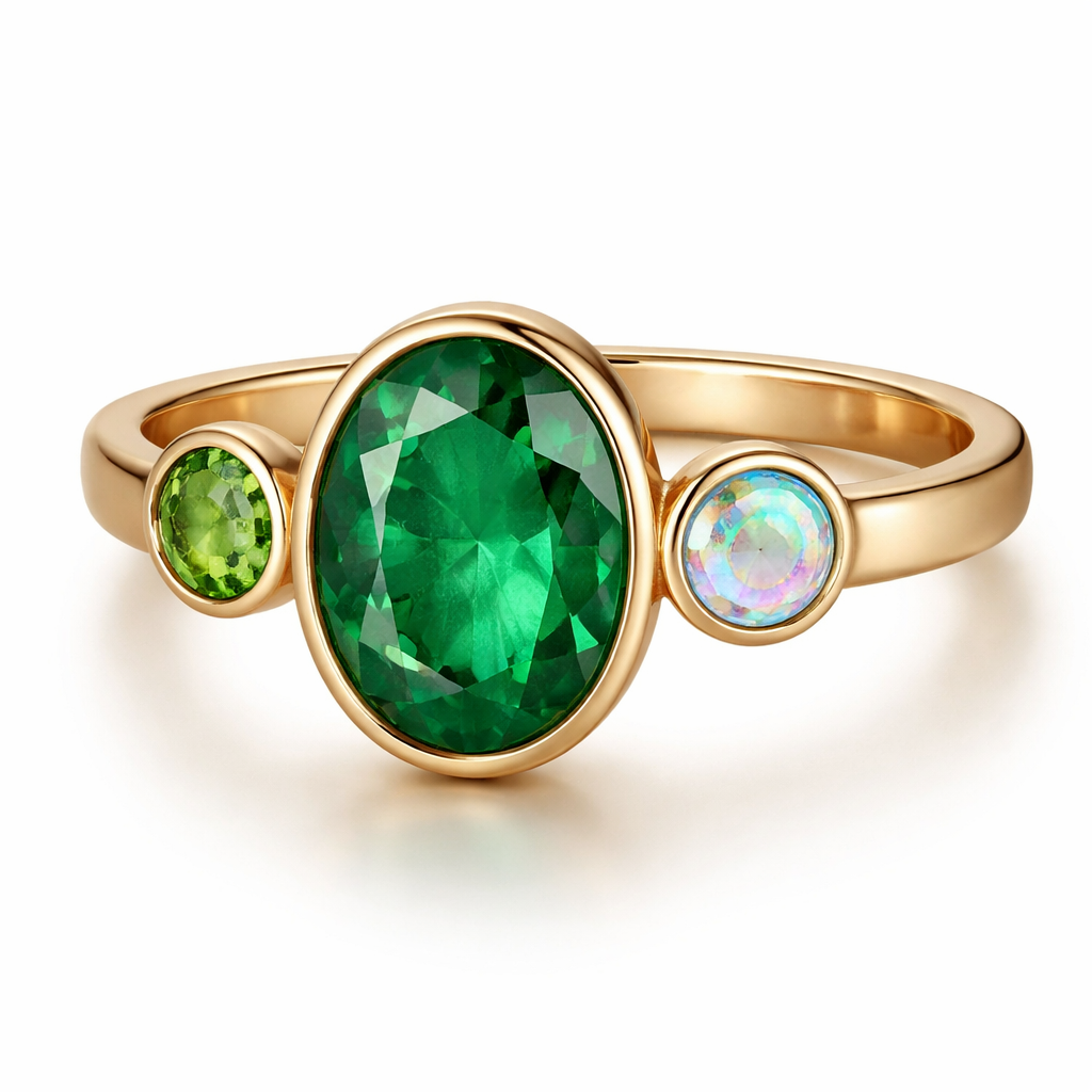 A gold ring, big oval emerald, one side pridot, one side opal. All bazel