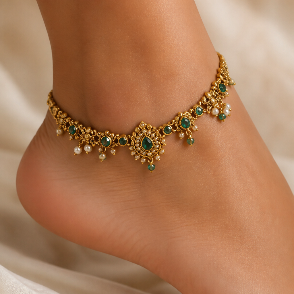 A retro women's anklet made of gold with emerald and pearl stones suitable for formal, highly ornate, intricate and elaborate, richly detailed. delicado y sencillo
photorealistic jewelry design, A retro women's anklet made of gold with emerald and pearl stones suitable for formal, highly ornate, intricate and elaborate, richly detailed. delicado y sencillo, retro style, just the design no text