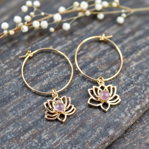 Серьги небольшие кольца,на серьгах висит в виде золотого лотоса шестью лепестками с маленьким розовым кварцем по центру