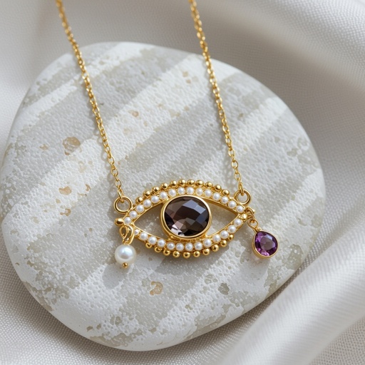 Тонкая цепочка с золотыми шариками и мелкими жемчужными камушками на цепочке есть кулон в форме глаза, зрачок глаза из раухтопаза от глаза идет маленькая подвеска с маленьким камушком 