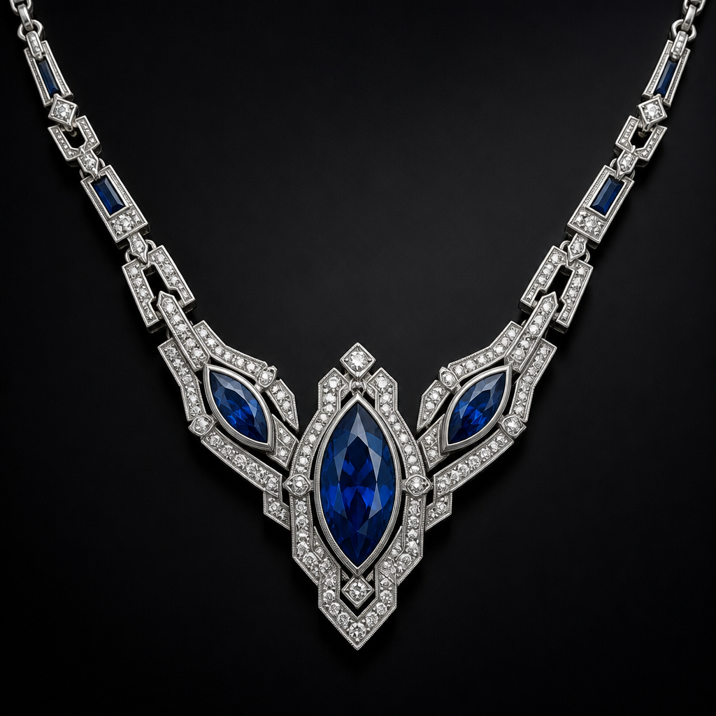 náhrdelník 1+2+2 kameny, od centrálního kamene zmenšené vlevo a vpravo, tvar výbrusu markýza, modrý safír
Art Deco jewelry: Art Deco necklace, 1 central marquise blue sapphire, flanked by smaller marquise blue sapphires, set in platinum, geometric lines.