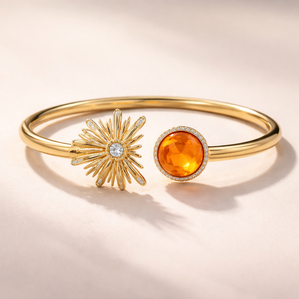 Creat a bangel bracelet what where there’s a orange round shape stome and the other side a sun rays ( and they can be connected when we close them)