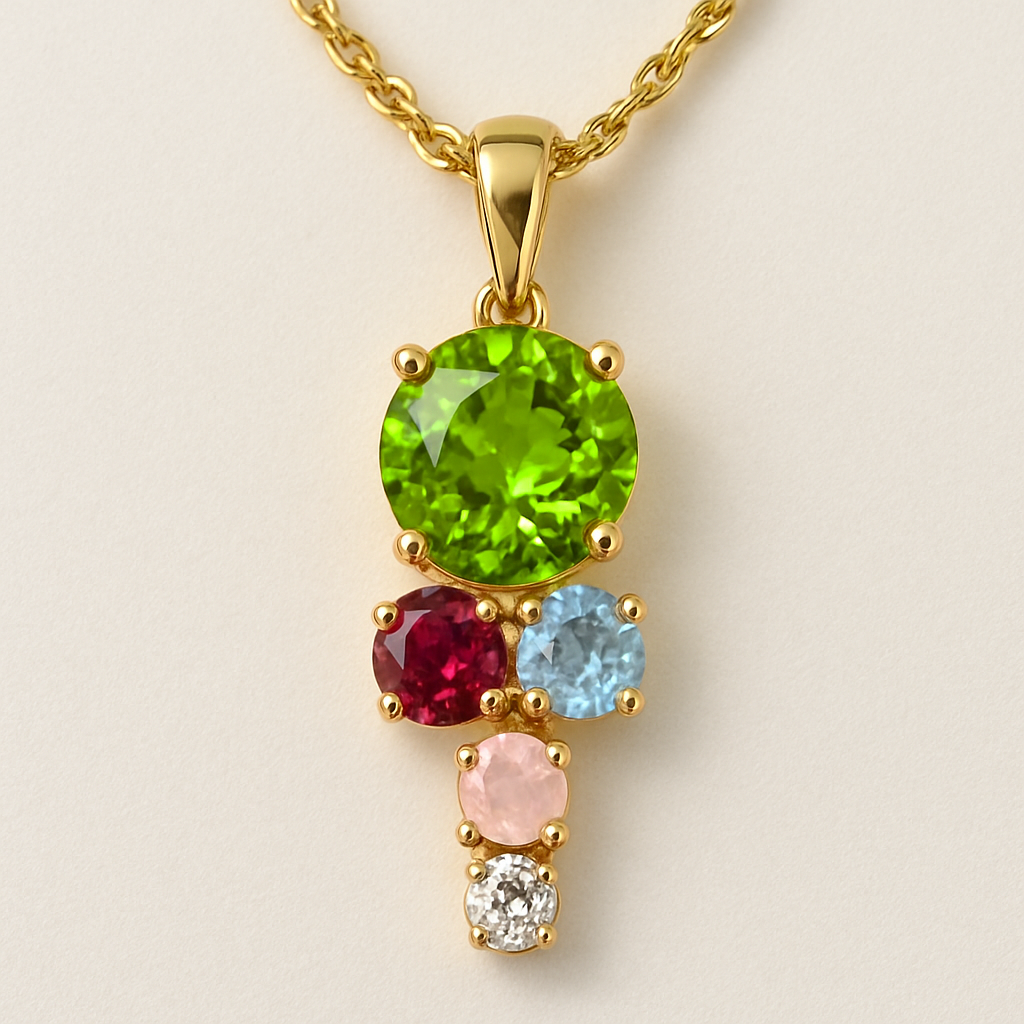 I want a pendant necklace. Large center August birthstone. Below the center, two birthstones placed horizontally for January and March. Below that is two birthstones placed vertically for October and April.