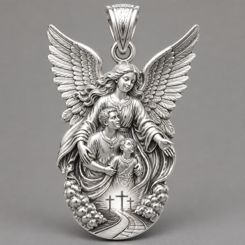 A modern women's pendant made of silver suitable for festival. An extraordinary excellent beautiful delicate and elegant pendant with the Guardian Angel with a beautiful delicate and elegant face, with long hair, with big wings flying, with a beautiful delicate elegant and with beautiful curves at her body, with a beautiful delicate and elegant tunic holding a child and an adult with its hands protecting them and guiding them on the way of the Holy Trinity. Sawing the way of the Holy Trinity in front of them.