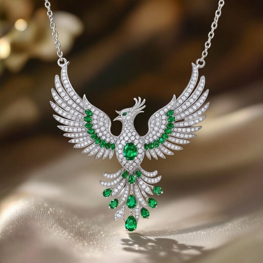 Necklace of phoenix printed on it for women Design a luxurious platinum signet ring that embodies the elegance of Art Deco style, featuring a striking phoenix rendered in intricate geometric patterns. Emphasize bold lines and symmetry, with contrasting finishes for depth. Adorn the ring with brilliant-cut diamonds and emeralds, capturing the spirit of rebirth and timeless sophistication.