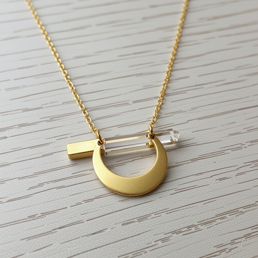 Прозрачный белый длинный кристалл горного хрусталя шестигранный золотой матовый тонкий полумесяц подвеска рядом все на одной цепочке