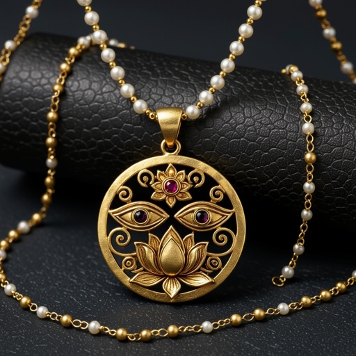 Кулон на длинной цепочке. Матовое светлое золото. В цепочке небольшие золотые шарики и жемчуг. Кулон в виде двух глаз над ними лотос с маленьким красным камнем внутри узоры завитушки 
