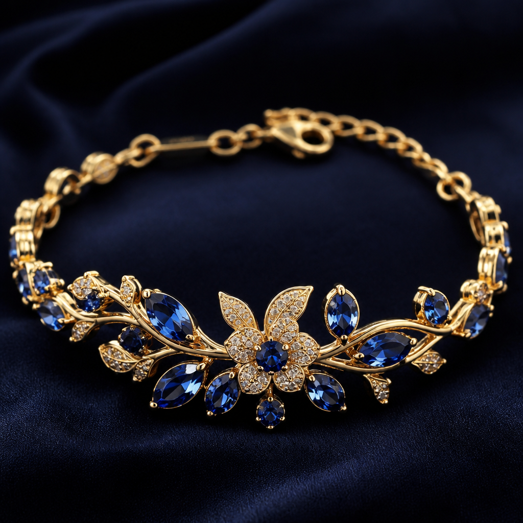 A nature-inspired women's bracelet made of gold with sapphire stones suitable for formal, highly ornate, intricate and elaborate, richly detailed. delicado y sencillo y con unas ramitas
photorealistic jewelry design, A nature-inspired women's bracelet made of gold with sapphire stones suitable for formal, highly ornate, intricate and elaborate, richly detailed. delicado y sencillo y con unas ramitas, nature_inspired style, just the design no text