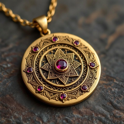 Золотой матовый кулон состаренный в виде круга, в центре изображена янтра богини кали