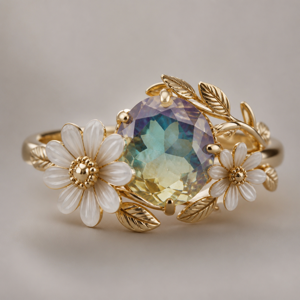 Daisies and translucent colorful diamond with gold bands with leaves
photorealistic jewelry design, Daisies and translucent colorful diamond with gold bands with leaves, asian_inspired style, just the design no text