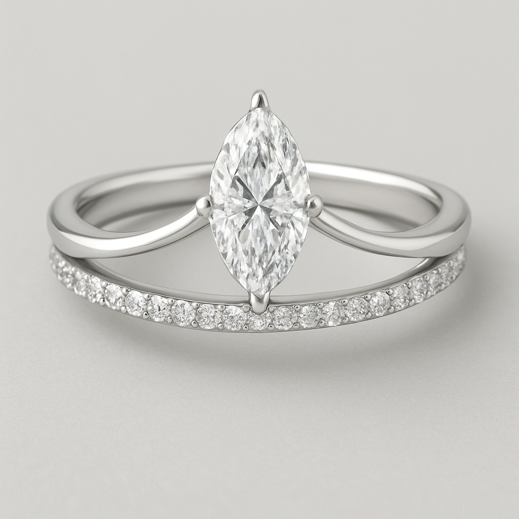 Create an engagement ring with pave band but add a plain band to both sides. Let the plain bands connect at the top holding a floating marquise cut diamond with prongs holding the top and bottom of the diamond.
