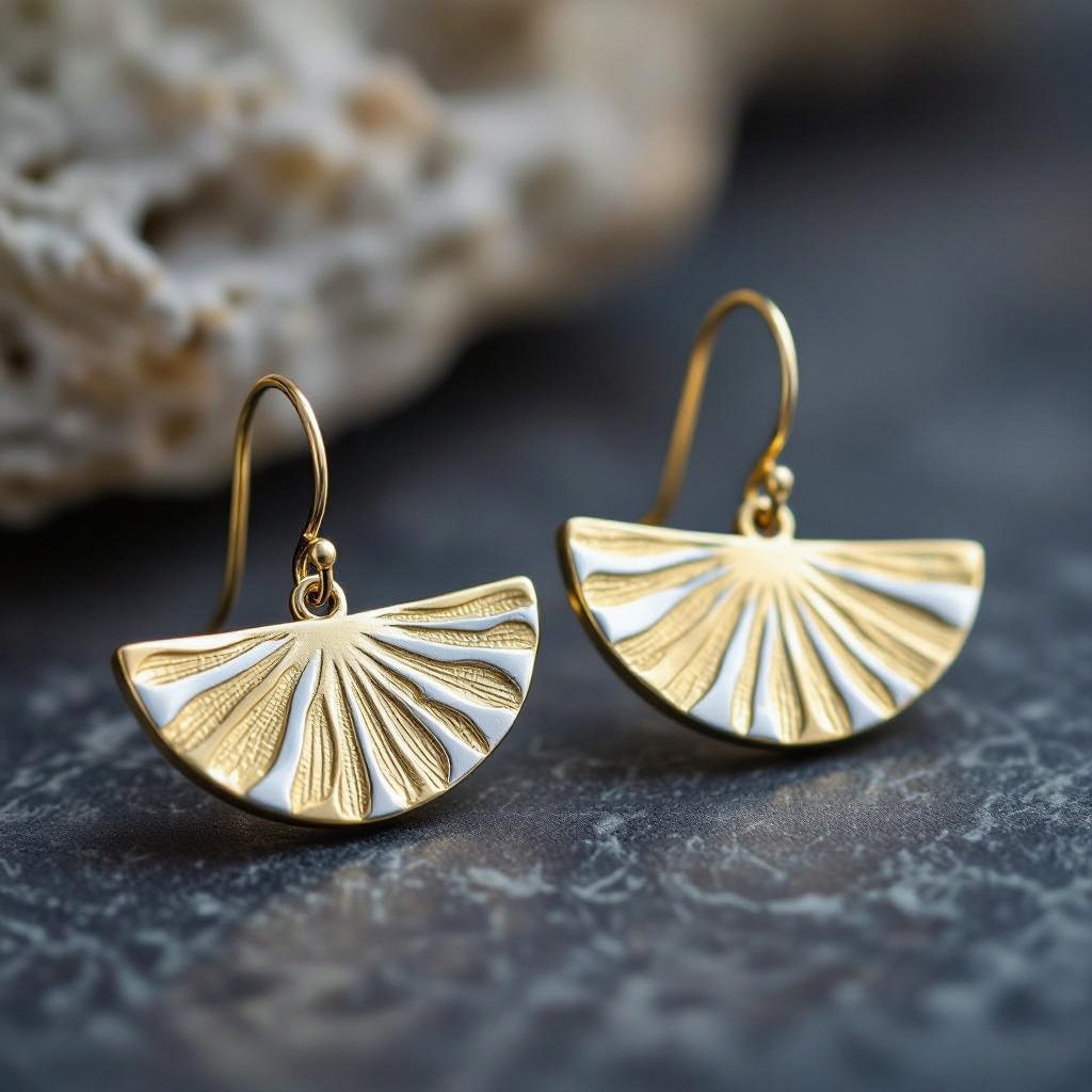 Золотые серьги полукруг половинка горящего солнца мятое неровное золото лучи волнистые другая половинка круга серебряная 