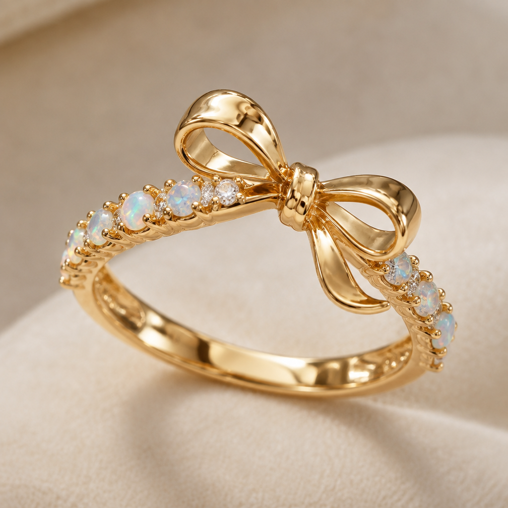 A modern women's ring made of gold with opal stones suitable for birthday, highly ornate, intricate and elaborate, richly detailed. ring with the aesthetic ribbon design and the ribbon is tilting to right a bit. the ring goes around the ribbon not under the ribbon. the ribbon is tied like a single knot and the ribbon has two same size loops and the tail of the ribbon have a small curve. the gemstone is place around the ring but not fully and at the ribbon doesn't have a gemstone. gemstone is in small size
photorealistic jewelry design, A modern women's ring made of gold with opal stones suitable for birthday, highly ornate, intricate and elaborate, richly detailed. ring with the aesthetic ribbon design and the ribbon is tilting to right a bit. the ring goes around the ribbon not under the ribbon. the ribbon is tied like a single knot and the ribbon has two same size loops and the tail of the ribbon have a small curve. the gemstone is place around the ring but not fully and at the ribbon doesn't have a gemstone. gemstone is in small size, modern style, just the design no text