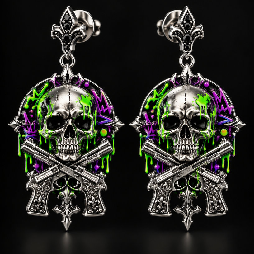 A gothic men's earrings made of platinum suitable for formal. a skull with neon graffiti around the skull and pistols crossing "the family " written in old english
using the attached image as a visual reference, create A gothic men's earrings made of platinum suitable for formal. a skull with neon graffiti around the skull and pistols crossing "the family " written in old english. photorealistic, just the design no text