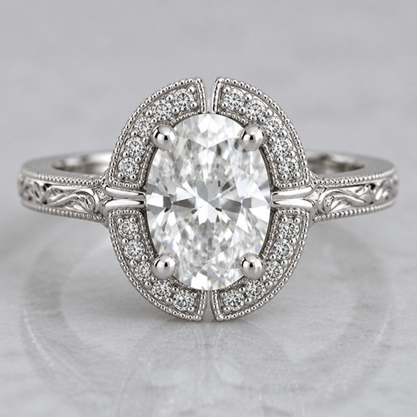 Split the sections of the halo at the four prongs around the centre stone. make setting more Victorian
edit the attached jewelry design with these instructions: Split the sections of the halo at the four prongs around the centre stone. make setting more Victorian. keep it photorealistic, just the design no text
