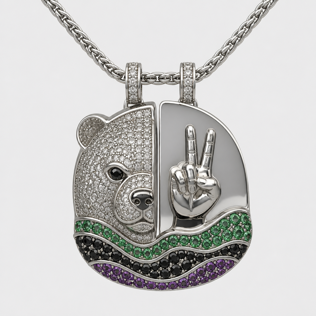 A women's ring. una cadena q tenga el dije de Michael con la cara de un oso y el otro lado la placa de los dos dedos alzada alado y debajo de eso unas olas con piedras color verde negro y morado
photorealistic jewelry design, A women's ring. una cadena q tenga el dije de Michael con la cara de un oso y el otro lado la placa de los dos dedos alzada alado y debajo de eso unas olas con piedras color verde negro y morado, modern style, just the design no text