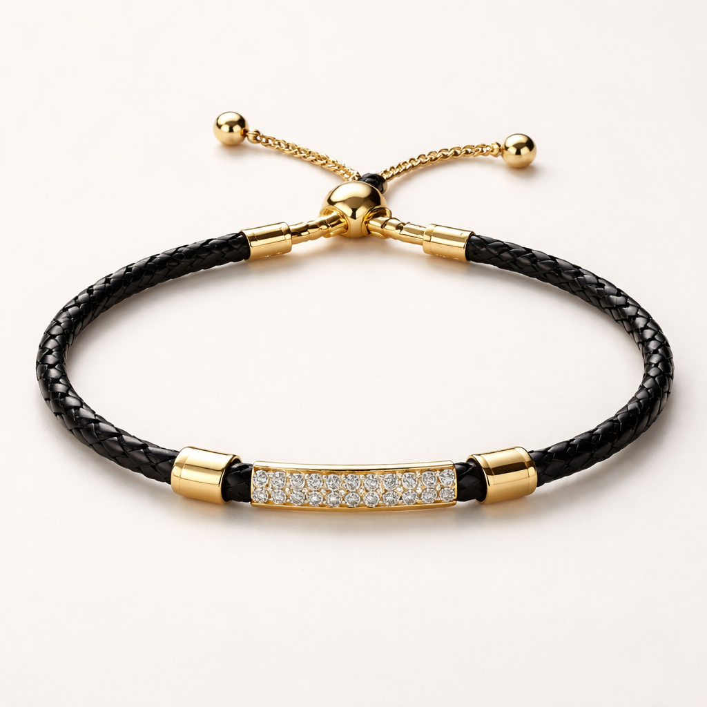 Design adjustable bracelet with diamonds with leather design in gold