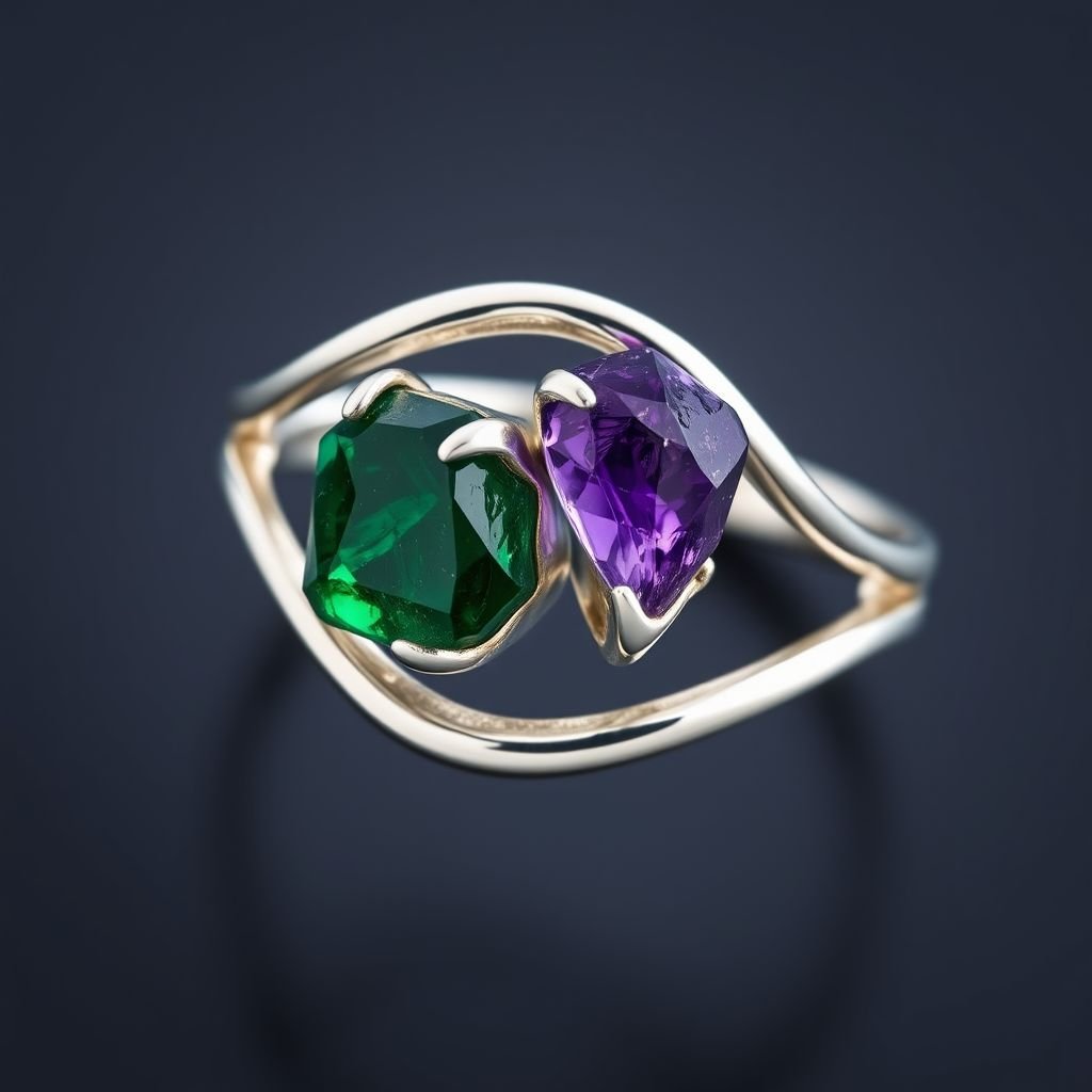 Craft a minimalist silver adjustable ring that delicately embraces the finger. Feature two striking raw natural gemstones—allowing their organic textures and colors to stand out. The design exudes earthy elegance, merging modern style with raw, untamed nature.