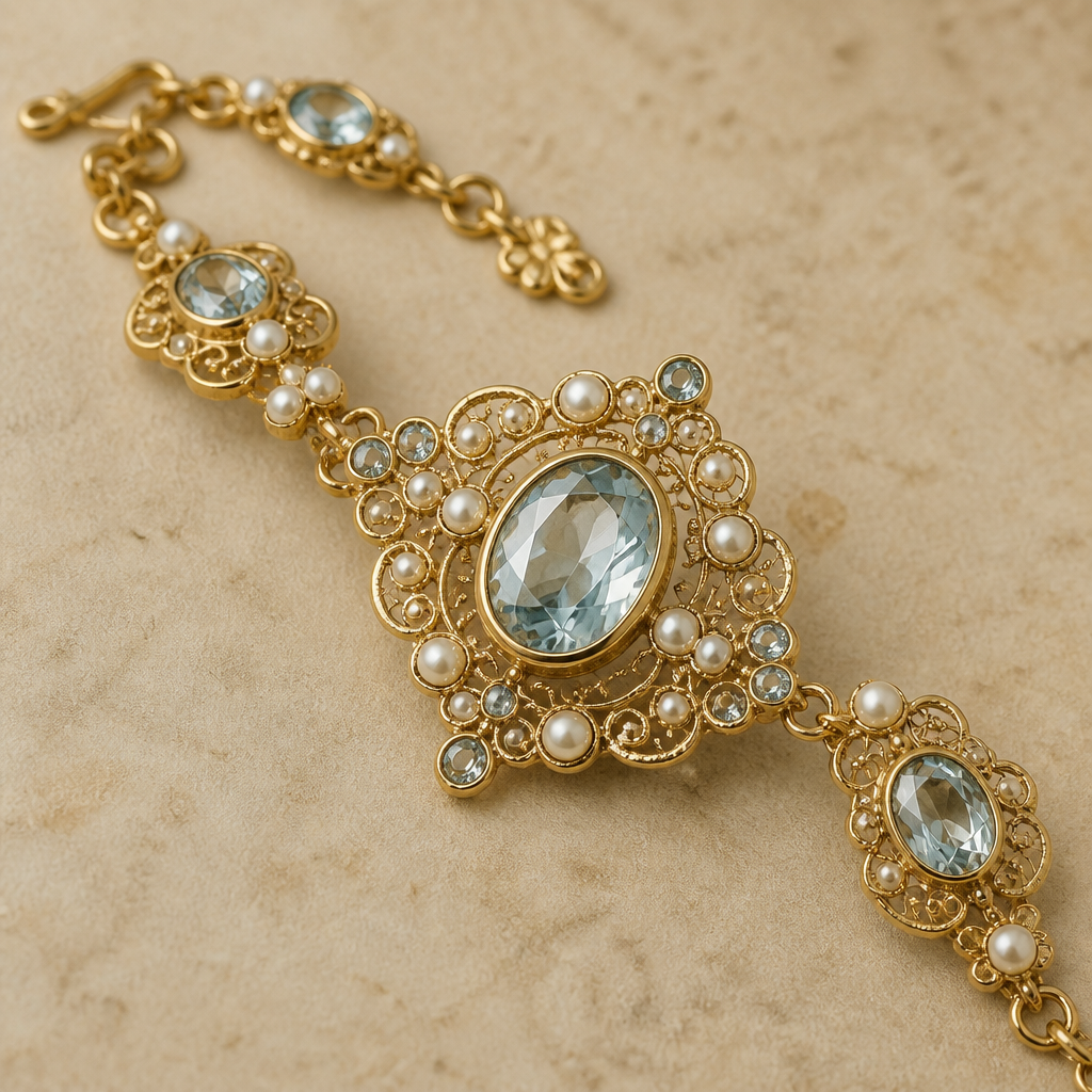 A vintage women's bracelet made of gold with pearl and aquamarine stones suitable for formal, highly ornate, intricate and elaborate, richly detailed. delicado y sencillo
photorealistic jewelry design, A vintage women's bracelet made of gold with pearl and aquamarine stones suitable for formal, highly ornate, intricate and elaborate, richly detailed. delicado y sencillo, vintage style, just the design no text