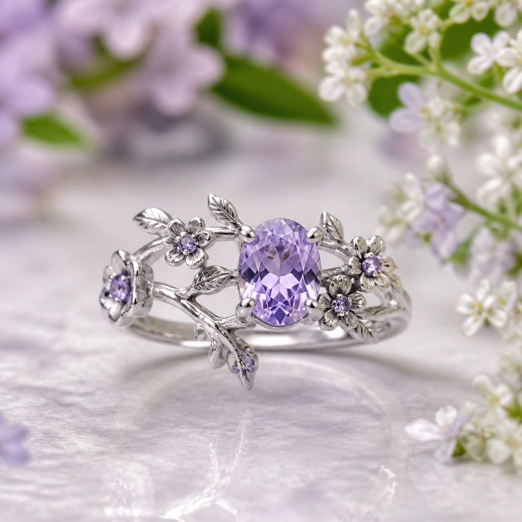A nature-inspired women's ring made of silver with sapphire stones. el zafiro q se rosa lavanda ,q sea algo fresco, describa la primavera ,juvenil
photorealistic jewelry design, A nature-inspired women's ring made of silver with sapphire stones. el zafiro q se rosa lavanda ,q sea algo fresco, describa la primavera ,juvenil, nature_inspired style, just the design no text