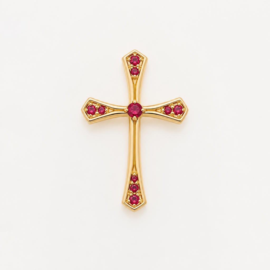 Dainty and feminine Gold cross with rubies, majority gold . Hidden bail
photorealistic jewelry design, Dainty and feminine Gold cross with rubies, majority gold . Hidden bail, minimalist style, just the design no text