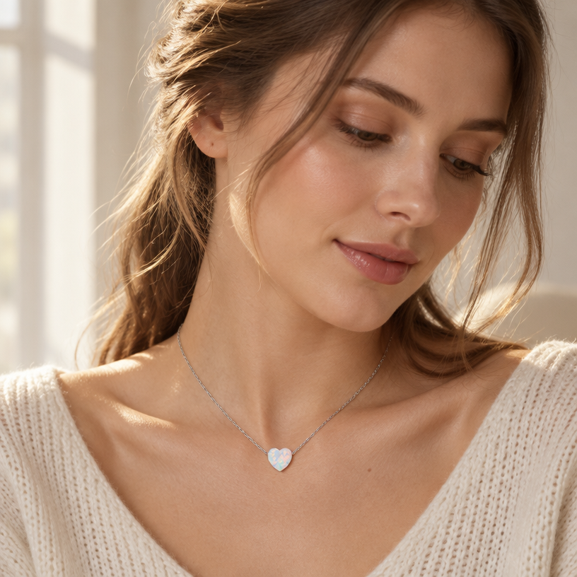 Jewelry photoshoot (worn)
Show the jewelry piece from the image worn by an elegant model in a professional editorial photograph, soft studio lighting. Reproduce the jewelry's exact design, metal, stones and details faithfully. Photorealistic, no text. Additional instructions: ""Photorealistic, close-up editorial shot of an elegant young woman with soft, natural features, wearing a simple minimalist off-white knitted sweater with a wide neckline, sitting by a window with warm afternoon sunlight streaming across her skin, her head gently tilted to the side, gazing downward with a calm, thoughtful expression. Her hair is styled in a half-up half-down hairstyle, with a few soft strands framing her face. She is wearing a delicate, minuscule sterling silver necklace with the interlocked pavé diamond-encrusted heart and the polished silver heart exactly as shown in image_8.png, resting naturally at the base of her throat. Soft natural light creates a subtle glow on her collarbone and the necklace. Minimalist neutral backdrop with a hint of soft window light flare, shallow depth of field, sharp focus on the necklace and skin texture, soft bokeh elsewhere. 8k resolution, cinematic quality, luxury jewelry campaign aesthetic. Make sure the necklace chain stays as it is in the picture, meaning do not add any stones to it.
Jewelry scale note: make the pendant slightly smaller than shown in image_8.png — the necklace and pendant must be small, delicate and realistically proportioned, not oversized or exaggerated, true to how fine jewelry actually looks in real life.".