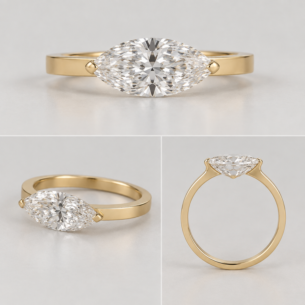 A women's ring, detailed and decorative, moderately ornate. High-end fine jewelry photorealistic rendering of a single 1.90 carat marquise-cut diamond mounted east-to-west on a 2.0 mm wide, perfectly flat 18k yellow gold band. The diamond should dominate the design and appear almost visually unsupported from the front. tiny rounded talon-like tips that wrap only the extreme points, with the gold transition occurring underneath/behind the diamond. Use only two extremely minimal, integrated yellow-gold point claws at the east and west tips, hugging the stone's outline as tightly as physically possible. No visible basket, gallery rail, halo, bezel, shoulder prongs, decorative metal, or side stones. The band should transition directly into the two point claws, with structural support concealed beneath the diamond's pavilion. Keep the diamond's entire face-up outline unobstructed. The setting should be low-profile and suitable for everyday wear, with realistic diamond pavilion depth, realistic gold thickness, and physically plausible stone security. The result should look like the diamond is floating over a simple flat gold band while remaining structurally believable. Clean contemporary luxury jewelry, understated, architectural, minimal, no ornate details.
The two point claws should be exceptionally small and refined—just enough metal to securely capture the east and west tips. They should visually disappear into the diamond rather than look like conventional prongs. Use a continuous, smoothly tapered transition from the flat shank into each claw, with no upward hooks, bulbous shoulders, decorative curves, or obvious mounting structure. Any additional structural metal necessary to support the 1.90 ct diamond should be positioned underneath the pavilion and hidden from the face-up view.
Show the exact same ring and diamond in three views: straight-on face-up view, 3/4 view, and true side/profile view. Maintain identical diamond proportions, orientation, band width, setting architecture, and scale in every view. The side view must show a realistic pavilion clearance and physically plausible support beneath the stone. Do not invent a floating or unsupported construction. The diamond is mounted east-to-west and secured only at its east and west points by two minimal yellow-gold claws. Photorealistic high-end jewelry product photography, accurate jewelry construction rather than conceptual fantasy.
Use the exact proportions of a true marquise-cut diamond: elongated, sharply pointed east and west tips, distinctly narrower than the current rendering, with a graceful continuous curve from tip to tip. Do not make the diamond oval, cushion-like, rounded, or overly wide. Preserve realistic marquise proportions for a 1.90 ct stone.
photorealistic jewelry design, A women's ring, detailed and decorative, moderately ornate. High-end fine jewelry photorealistic rendering of a single 1.90 carat marquise-cut diamond mounted east-to-west on a 2.0 mm wide, perfectly flat 18k yellow gold band. The diamond should dominate the design and appear almost visually unsupported from the front. tiny rounded talon-like tips that wrap only the extreme points, with the gold transition occurring underneath/behind the diamond. Use only two extremely minimal, integrated yellow-gold point claws at the east and west tips, hugging the stone's outline as tightly as physically possible. No visible basket, gallery rail, halo, bezel, shoulder prongs, decorative metal, or side stones. The band should transition directly into the two point claws, with structural support concealed beneath the diamond's pavilion. Keep the diamond's entire face-up outline unobstructed. The setting should be low-profile and suitable for everyday wear, with realistic diamond pavilion depth, realistic gold thickness, and physically plausible stone security. The result should look like the diamond is floating over a simple flat gold band while remaining structurally believable. Clean contemporary luxury jewelry, understated, architectural, minimal, no ornate details.
The two point claws should be exceptionally small and refined—just enough metal to securely capture the east and west tips. They should visually disappear into the diamond rather than look like conventional prongs. Use a continuous, smoothly tapered transition from the flat shank into each claw, with no upward hooks, bulbous shoulders, decorative curves, or obvious mounting structure. Any additional structural metal necessary to support the 1.90 ct diamond should be positioned underneath the pavilion and hidden from the face-up view.
Show the exact same ring and diamond in three views: straight-on face-up view, 3/4 view, and true side/profile view. Maintain identical diamond proportions, orientation, band width, setting architecture, and scale in every view. The side view must show a realistic pavilion clearance and physically plausible support beneath the stone. Do not invent a floating or unsupported construction. The diamond is mounted east-to-west and secured only at its east and west points by two minimal yellow-gold claws. Photorealistic high-end jewelry product photography, accurate jewelry construction rather than conceptual fantasy.
Use the exact proportions of a true marquise-cut diamond: elongated, sharply pointed east and west tips, distinctly narrower than the current rendering, with a graceful continuous curve from tip to tip. Do not make the diamond oval, cushion-like, rounded, or overly wide. Preserve realistic marquise proportions for a 1.90 ct stone., modern style, just the design no text