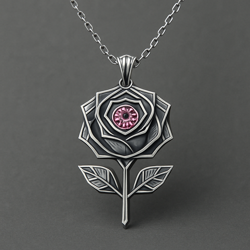 Create an earring with "Eternal Bloom" Necklace: A silver chain with a pendant of a small, stylized rose made from polished silver, with a single dewdrop-like pink cubic zirconia at its center.