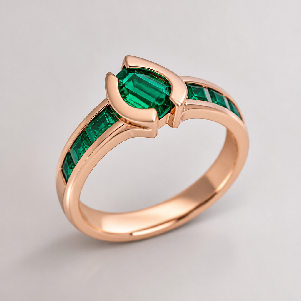 A modern women's ring made of rose gold with emerald stones suitable for wedding