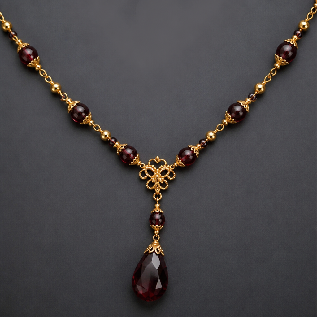 A vintage women's necklace made of gold with garnet stones. Garnet beads with delicate goldtone metal and large teardrop gem pendent. The pendant can be without any metal- just the gemstone.
photorealistic jewelry design, A vintage women's necklace made of gold with garnet stones. Garnet beads with delicate goldtone metal and large teardrop gem pendent. The pendant can be without any metal- just the gemstone., vintage style, just the design no text