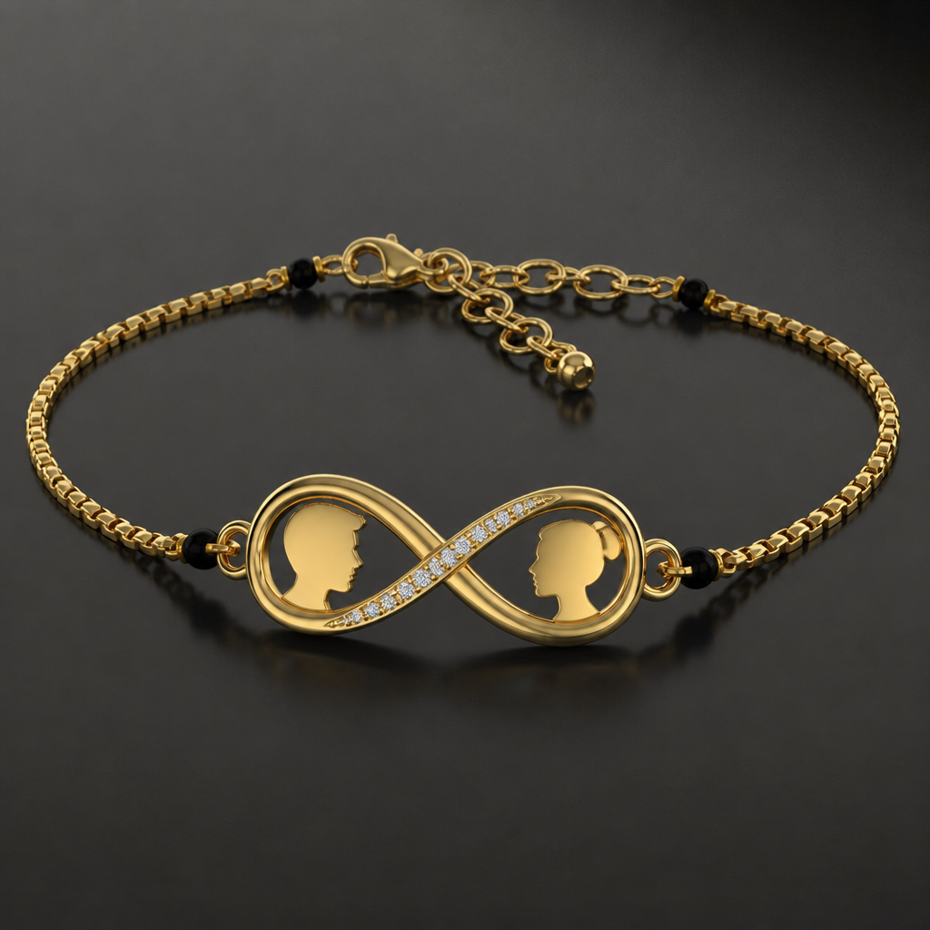 Gold mangalsutra bracelet with infinity gold n diamond with guy n girls initials initials
photorealistic jewelry design, Gold mangalsutra bracelet with infinity gold n diamond with guy n girls initials initials, infinity style, just the design no text
