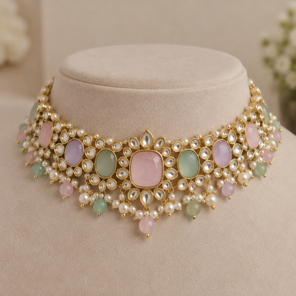 Modern lightweight kundan-inspired choker with pastel pink, lavender and pale green stones, tiny pearls and delicate gold detailing, suitable for a young Indian bride
photorealistic jewelry design, Modern lightweight kundan-inspired choker with pastel pink, lavender and pale green stones, tiny pearls and delicate gold detailing, suitable for a young Indian bride, just the design no text