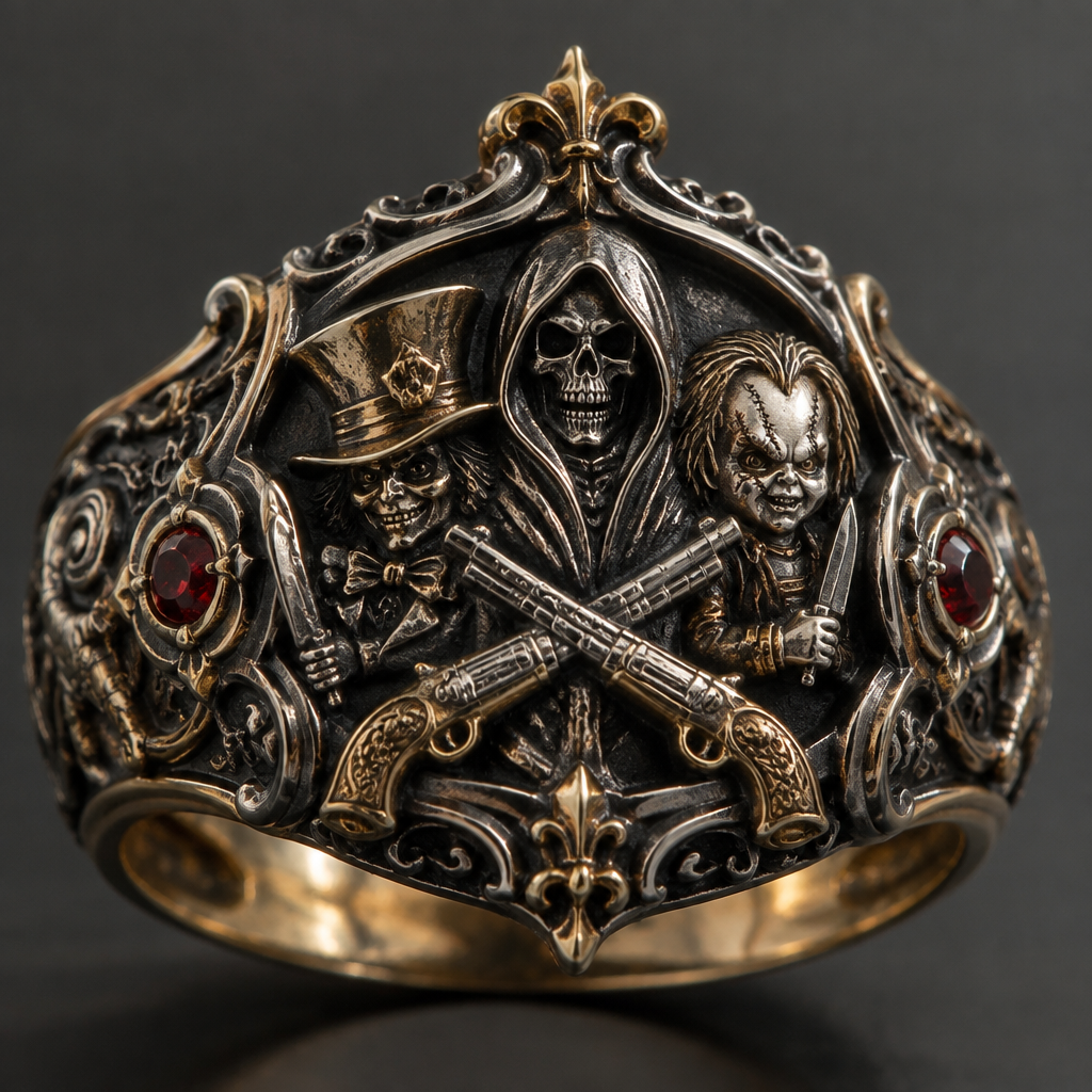 A medieval women's ring made of mixed metal suitable for daily wear, detailed and decorative, moderately ornate. madhatter a reaper and Chucky and 2 pistols crossing
photorealistic jewelry design, A medieval women's ring made of mixed metal suitable for daily wear, detailed and decorative, moderately ornate. madhatter a reaper and Chucky and 2 pistols crossing, medieval style, just the design no text
