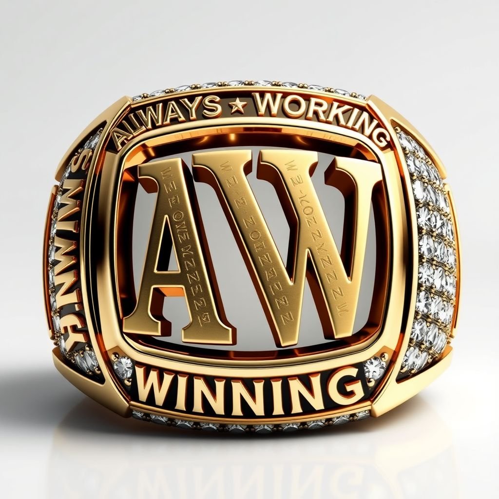 In the middle A W raised at the top of the A W in writing states ALWAYS and at the bottom WORKING and at the sides of the ring kn the left side winning and the right side always fully iced out and a very bulky ring 