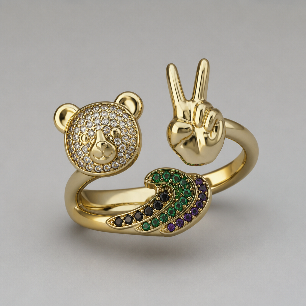 A women's ring. una q tenga el dije de Michael con la cara de un oso y el otro lado la placa de los dos dedos alzada alado y debajo de eso unas olas con piedras color verde negro y morado
photorealistic jewelry design, A women's ring. una q tenga el dije de Michael con la cara de un oso y el otro lado la placa de los dos dedos alzada alado y debajo de eso unas olas con piedras color verde negro y morado, modern style, just the design no text