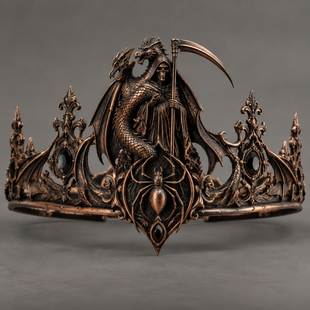 A victorian men's tiara made of copper suitable for daily wear. a reaper with a dragon coat and a spider
photorealistic jewelry design, A victorian men's tiara made of copper suitable for daily wear. a reaper with a dragon coat and a spider, victorian style, just the design no text