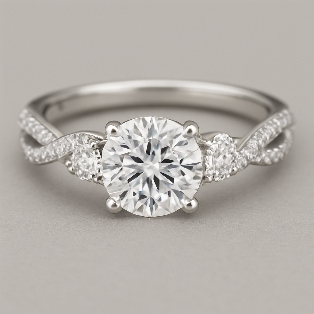 3 carat round diamond with .6 diamond on each side with twisted pave band 