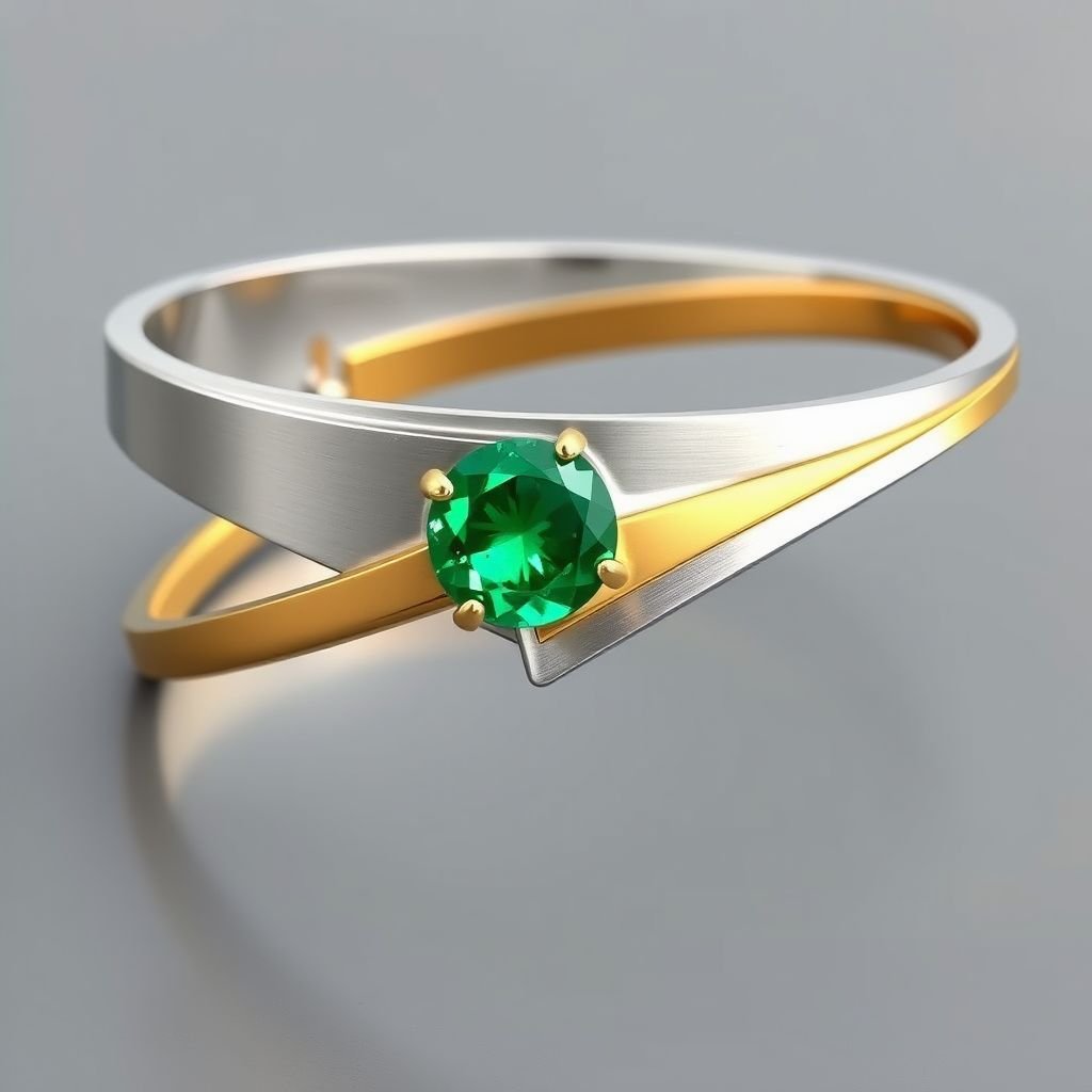 Geomatric shape Modern Design a sleek, modern cuff bracelet featuring asymmetrical angles and a polished finish. Use a combination of brushed matte silver and high-shine gold accents for contrast. Incorporate a single, oval-cut gemstone-perhaps a striking emerald-set at an unconventional angle, creating a bold focal point that exudes contemporary elegance and sophistication.