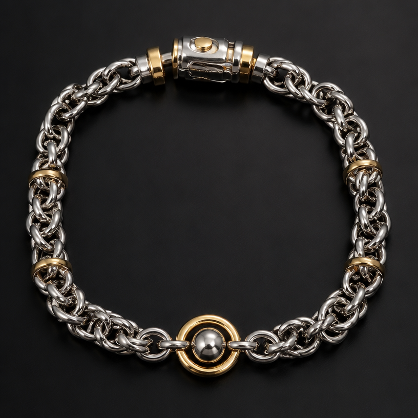 A industrial women's bracelet made of mixed metal suitable for formal. 鋼製手鏈
using the attached image as a visual reference, create A industrial women's bracelet made of mixed metal suitable for formal. 鋼製手鏈. photorealistic, just the design no text
